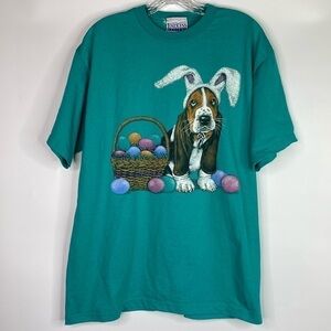 Vintage Endless Designs Easter Hound Dog Green Tshirt 90s Size Large